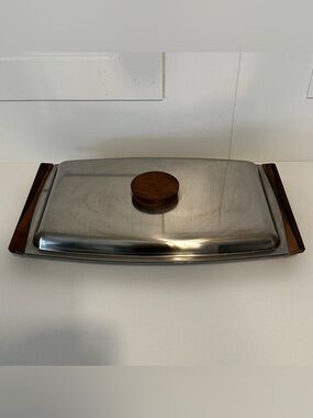 STELTON MCM Danish Stainless Steel Rosewood Bar Serving Tray 16.5x10”